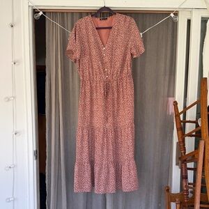 Rust Floral Button-Front Maxi Dress with Tie Waist